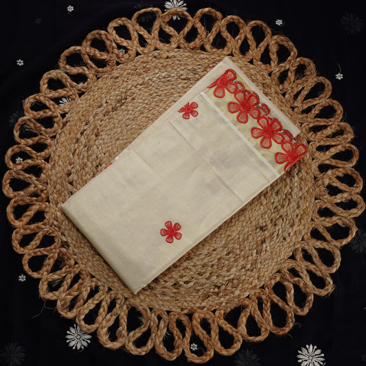RED FLORAL WORK TIISUE SETSAREE WITH SCALLOP EMROIDERY BORDER