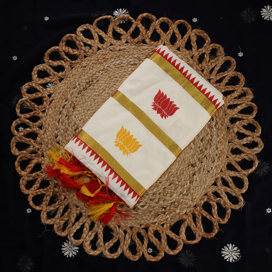LOTUS MOTIF PRINTED KERALA COTTON SETSAREE