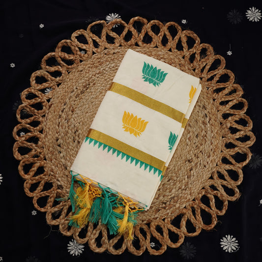 LOTUS MOTIF PRINTED KERALA COTTON SETSAREE