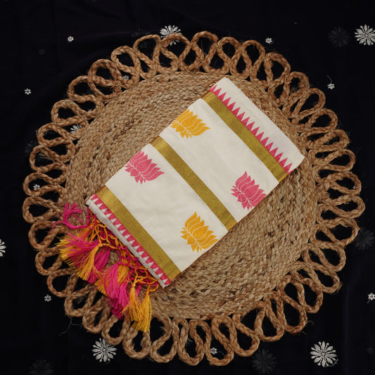 LOTUS MOTIF PRINTED KERALA COTTON SETSAREE