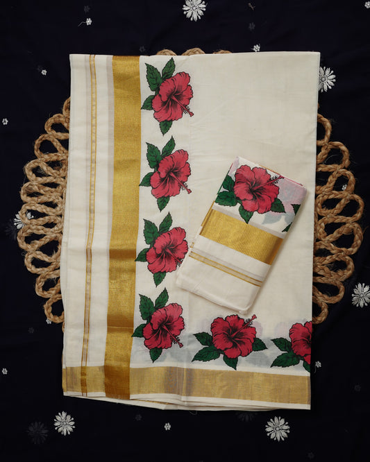 KERALA COTTON SET MUNDU CHEMPARUTY PRINT