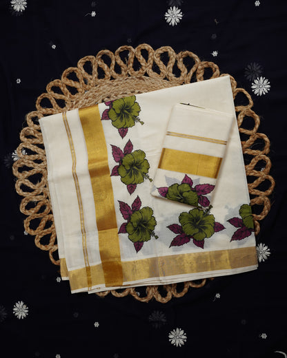 KERALA COTTON SET MUNDU CHEMPARUTY PRINT