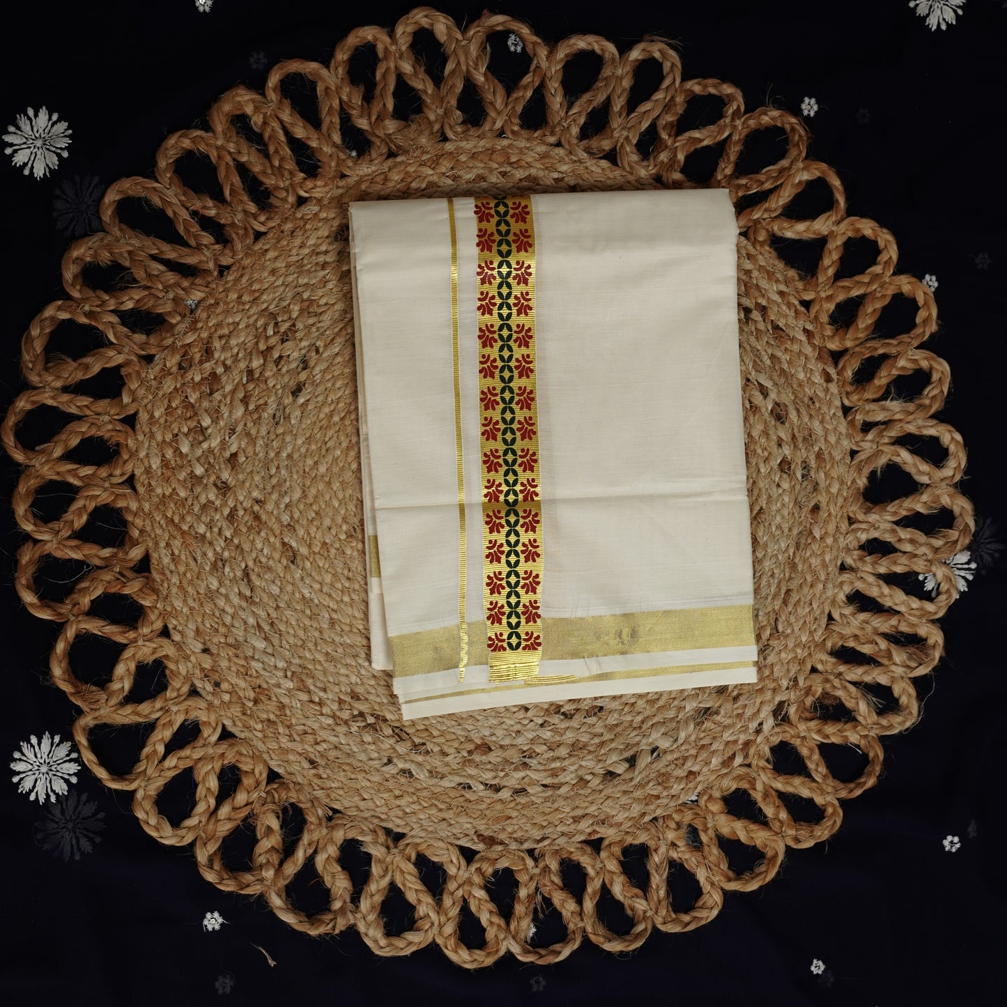 KERALA DOUBLE MUNDU CREEM KASAV FANCY PRINT