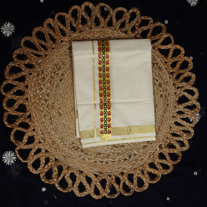 KERALA DOUBLE MUNDU CREEM KASAV FANCY PRINT