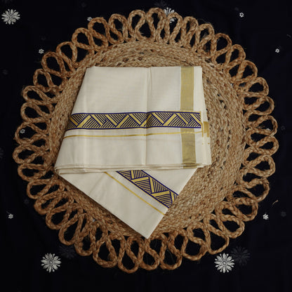 KERALA DOUBLE MUNDU CREEM KASAV FANCY PRINT