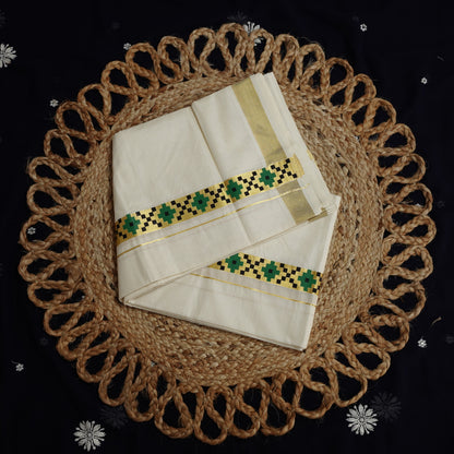 KERALA DOUBLE MUNDU CREEM KASAV FANCY PRINT