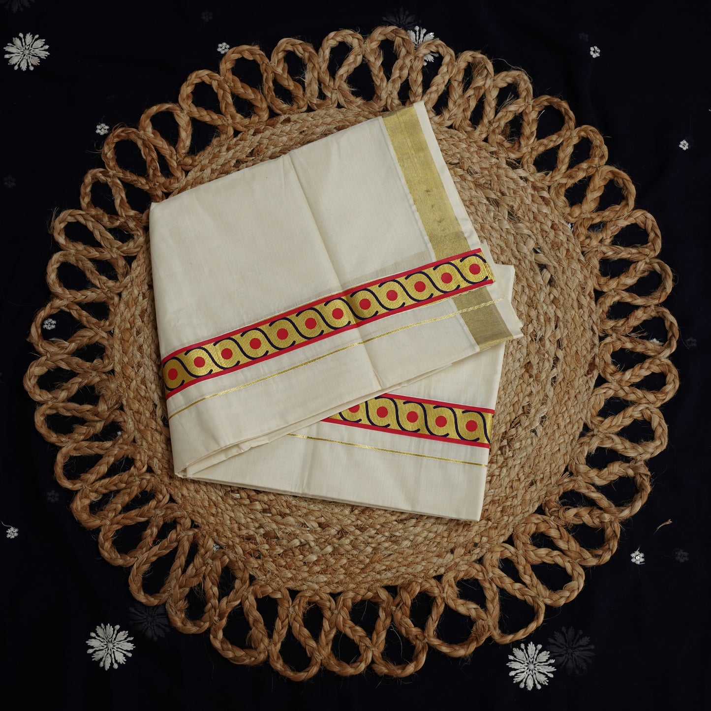 KERALA DOUBLE MUNDU CREEM KASAV FANCY PRINT