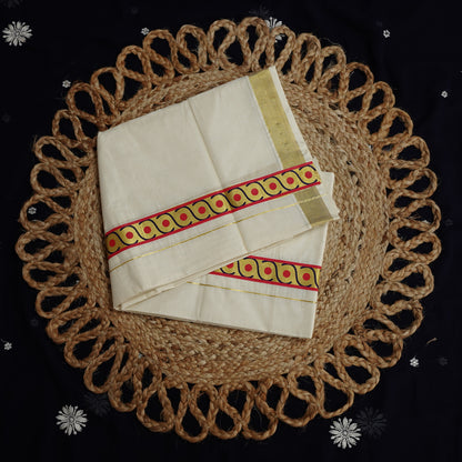 KERALA DOUBLE MUNDU CREEM KASAV FANCY PRINT