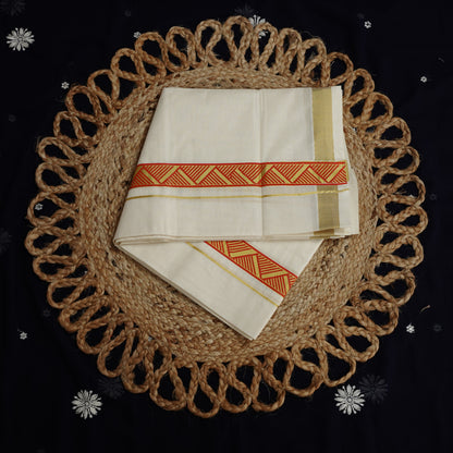KERALA DOUBLE MUNDU CREEM KASAV FANCY PRINT