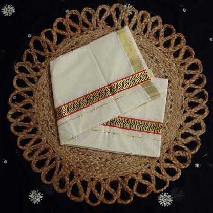 KERALA DOUBLE MUNDU CREEM KASAV FANCY PRINT