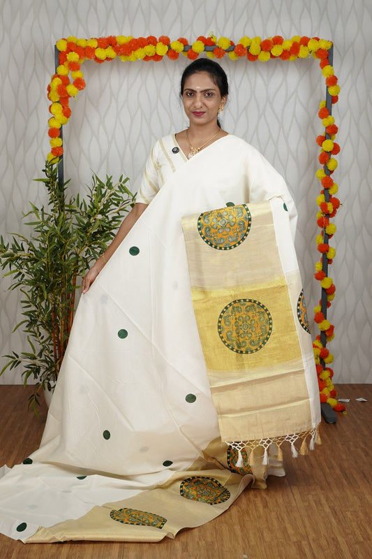 14 INCH BOTTOM BORDER GOLDEN TISSUE SET SAREE WITH PRINT