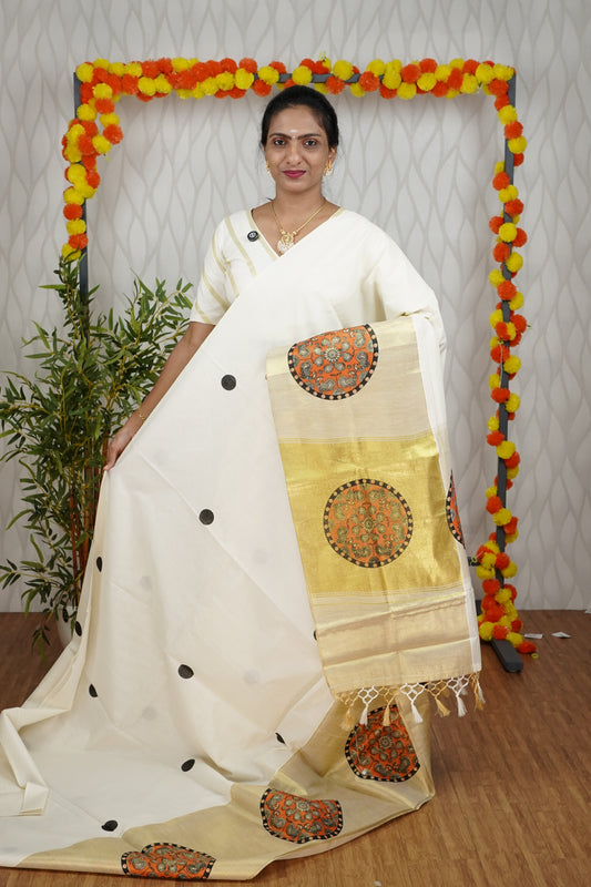 14 INCH BOTTOM BORDER GOLDEN TISSUE SET SAREE WITH PRINT