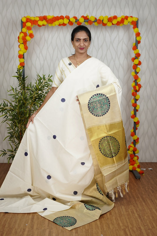 14 INCH BOTTOM BORDER GOLDEN TISSUE SET SAREE WITH PRINT