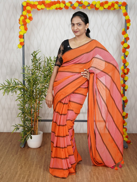 ORANGE AND PINK MUL COTTON SAREE