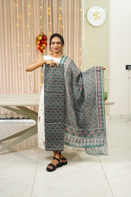 FLORAL PRINTED AND MIRROR WORK DETAILED NET COTTA  UNSTICHED SALWAR SET