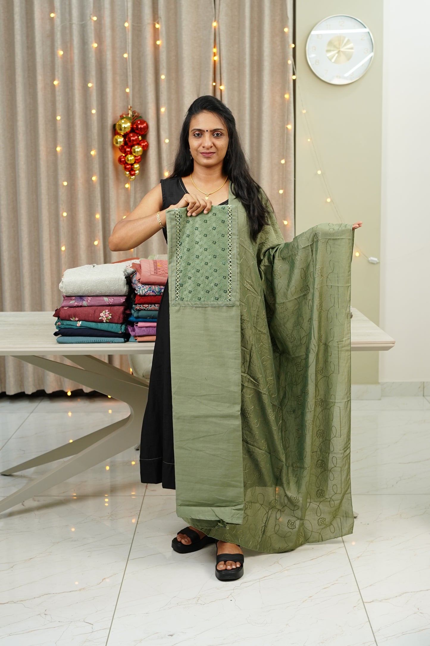 DUSTY GREEN   UNSTICHED SALWAR  WITH EMBROIDERY  DUPATTA