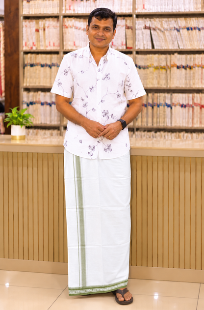WHITE KUPPADAM OLIVE GREEN BORDER SINGLE