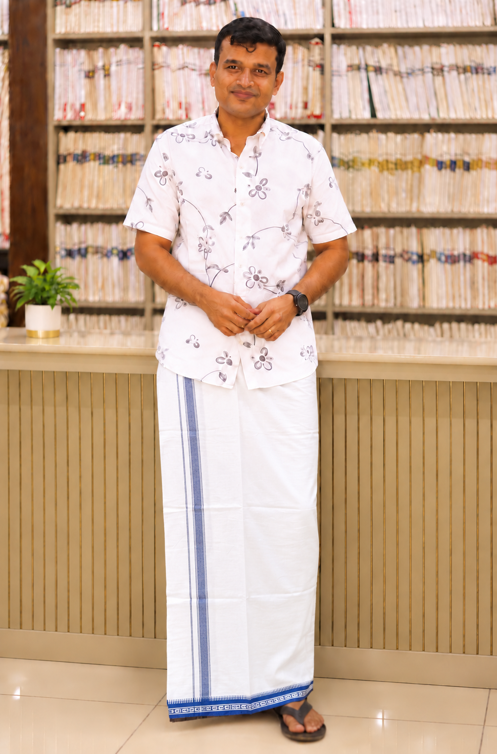 WHITE KUPPADAM BLUE BORDER SINGLE