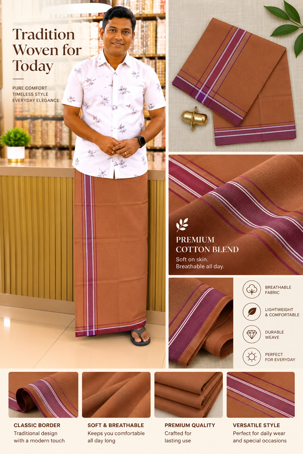KAVI MUNDU COTTON PLAIN MEROON & WHITE KARA