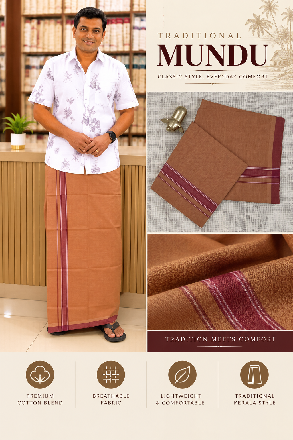 KAVI MUNDU COTTON PLAIN MEROON & WHITE KARA