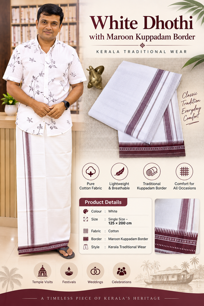 WHITE KUPPADAM MEROON BORDER SINGLE