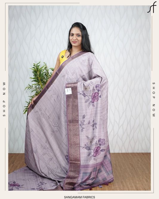 DIGITAL FLORAL PRINTED TUSSAR SILK SAREE