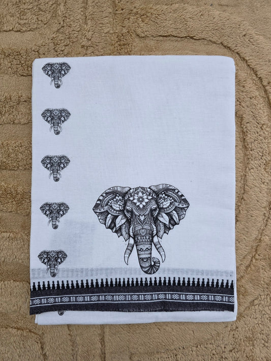 ELEPHANT PRINTED KARA WHITE COTTON MUNDU