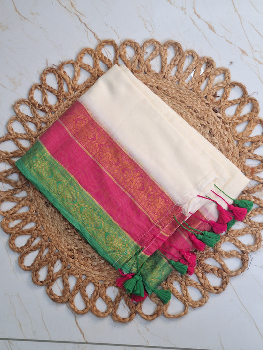MULL COTTON SAREE (PINK AND GREEN)